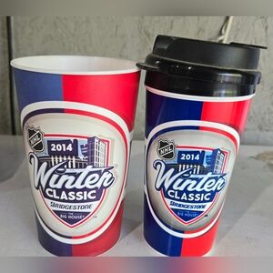 2014 NHL Winter Classic Red Wings, Maple Leafs travel cups, one lid